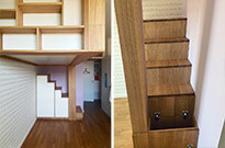 Bild 525: Hochbett mit Treppenschrank und Regalgeländer