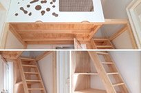 Bild 213: Kinderhochbett / Spieletage mit individueller Umrandung, 19mm Multiplex, weiß beschichtet, Lochoptik und Netz, große Treppe mit Treppenregal