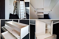 Bild 571: Raumkonzept Kinderzimmer: Hochbett & Podestbett mit viel Stauraum & Schreibtisch